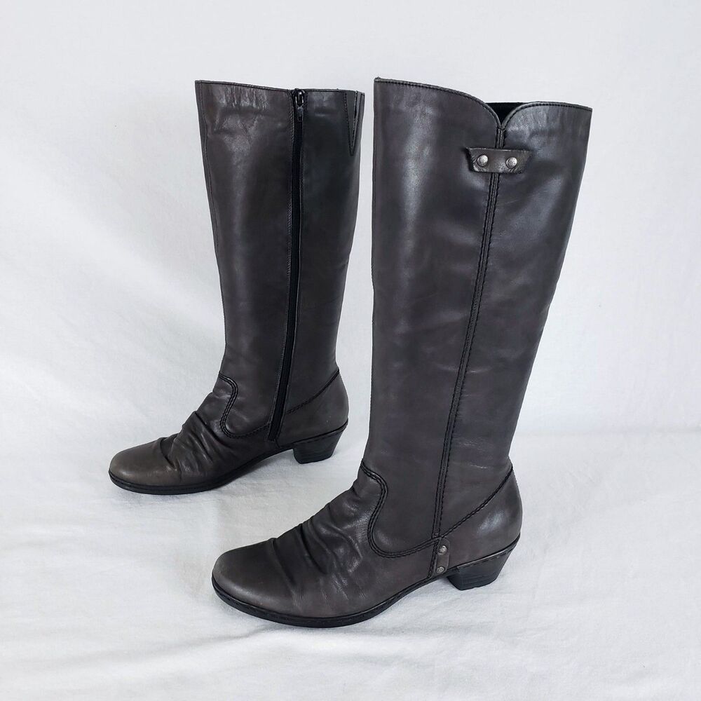 Rieker Gray Knee High Riding Boots Womens 39 Side Zip Comfort Ruched Low Heel
